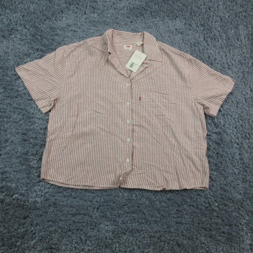 Levis The Resort Shirt Womens XL Off White Brown Stripe Short Sleeve NWT